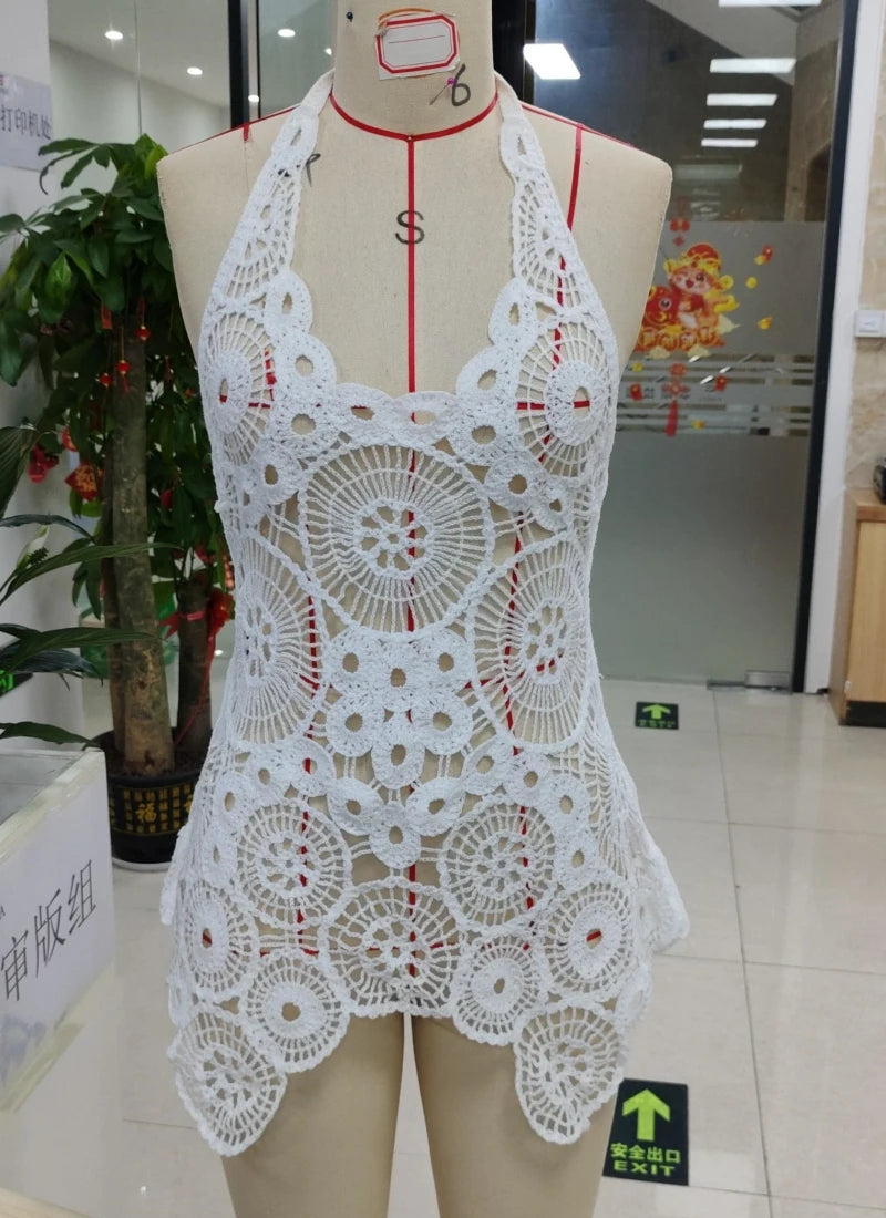 Yiiciovy Flower Crochet Swimsuit Dress Women Beach Cover Ups Slim U Neck Hollow Out Sleeveless Irregular Hem Mini Beach Dress