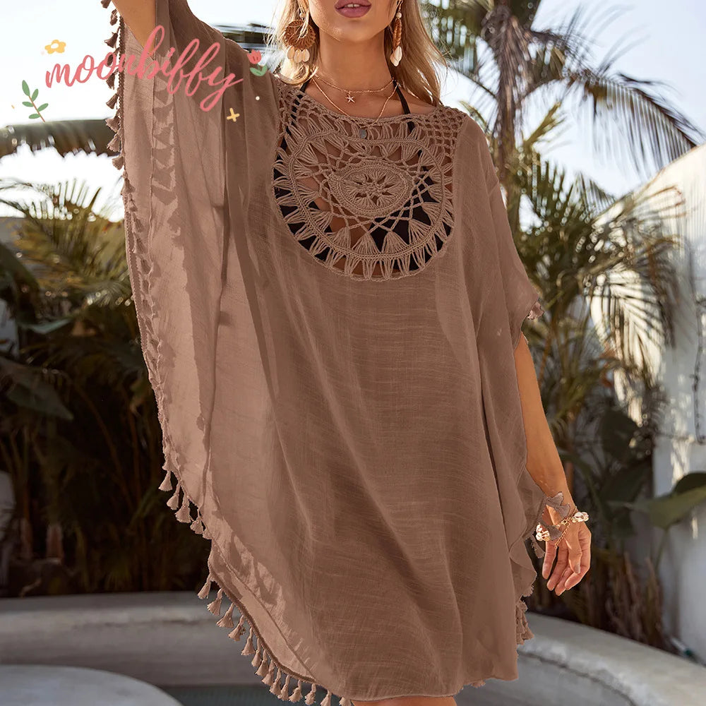 Women Off Shoulder Loose Beach Smock Casual Holiday Sexy Style  Cut Out Tassel  Beach Smock Women Summer Beach Smock