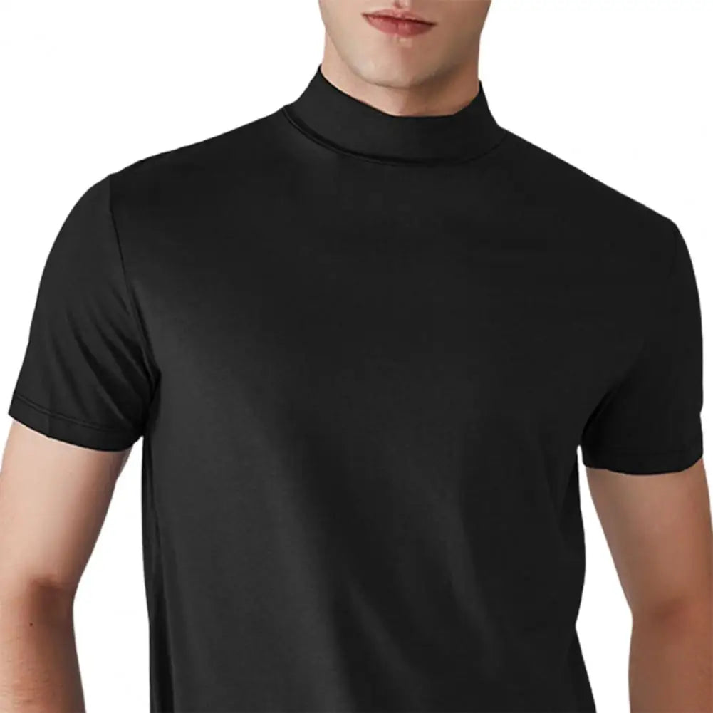 Men Half High Collar Slim Fit T-shirt Summer Casual Short Sleeve Solid Color Elastic Thin Pullover Tee Shirt Half Turtleneck Top