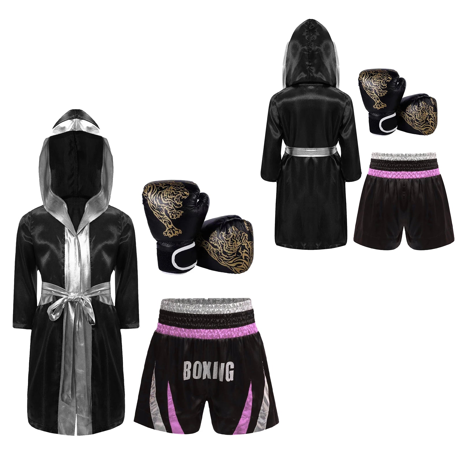 Kids Boys Boxing Training Outfit Long Sleeve Open Front Metallic Satin Robe Hooded Cloak with Athletic Shorts And Boxer Gloves