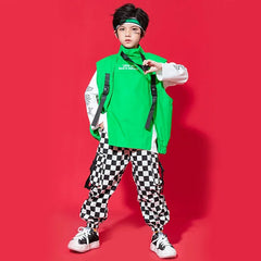 Kid Hip Hop Clothing Sleeveless Jacket Top Streetwear Checkered Tactical Cargo Jogger Pants for Girls Boys Dance Costume Clothes