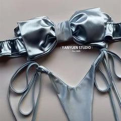 Sexy 2 Pieces Pink Bandeau Bikini 2024 Women Swimsuit Thong Swimwear Big Bow Bikinis Ruffle Korean Beach Wear Y2K Bathing Suit