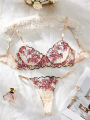 Sexy Lingerie Set Women Lace Embroidery Flowers Fairy Seamless Underwear Transparent Bra Thong See Through Exotic Bra Brief Sets