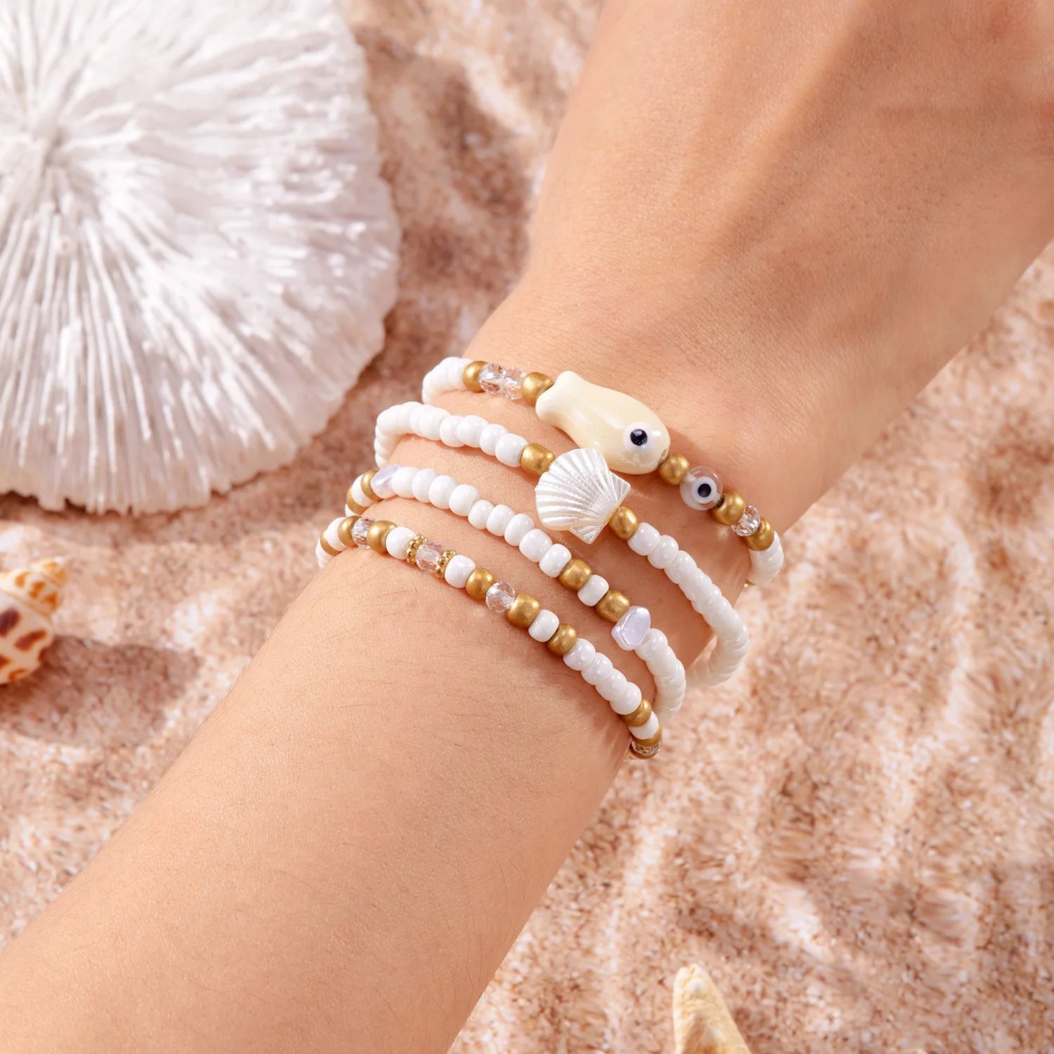 4pcs Set Bohemian Fashion Ceramic Fish Shells Rice Bead Bracelet for Women Summer Beach Vacation Cute Jewelry Accessories Gifts