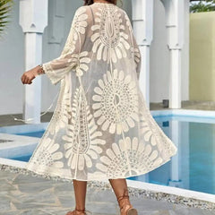 One Size  Sexy Lace Up Summer Beach Cover Up Solid Color Women Beach Dress Flower Embroidery   Women Clothes