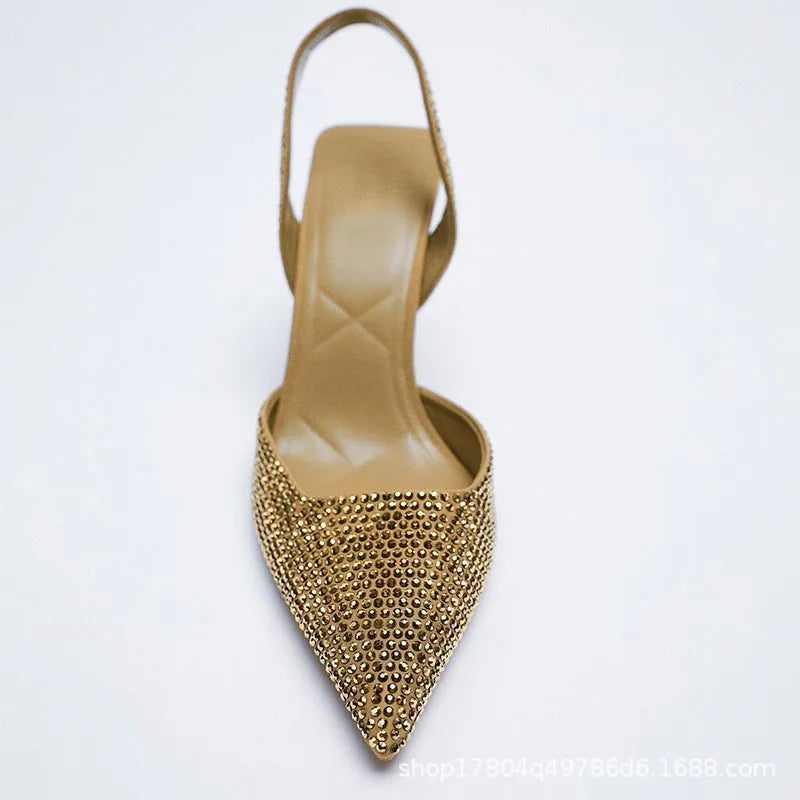 Gold Women Heels Sandals 2023 Summer Crystal Pointed Toe Female Stiletto African Party Rhinestone Shallow Slip On Heel Shoes