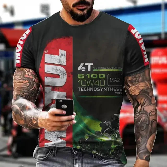 Men's casual T-shirt, white-collar shorts, quick drying summer shirt, breathable, racing motorcycle, 3D printed short top, 2025