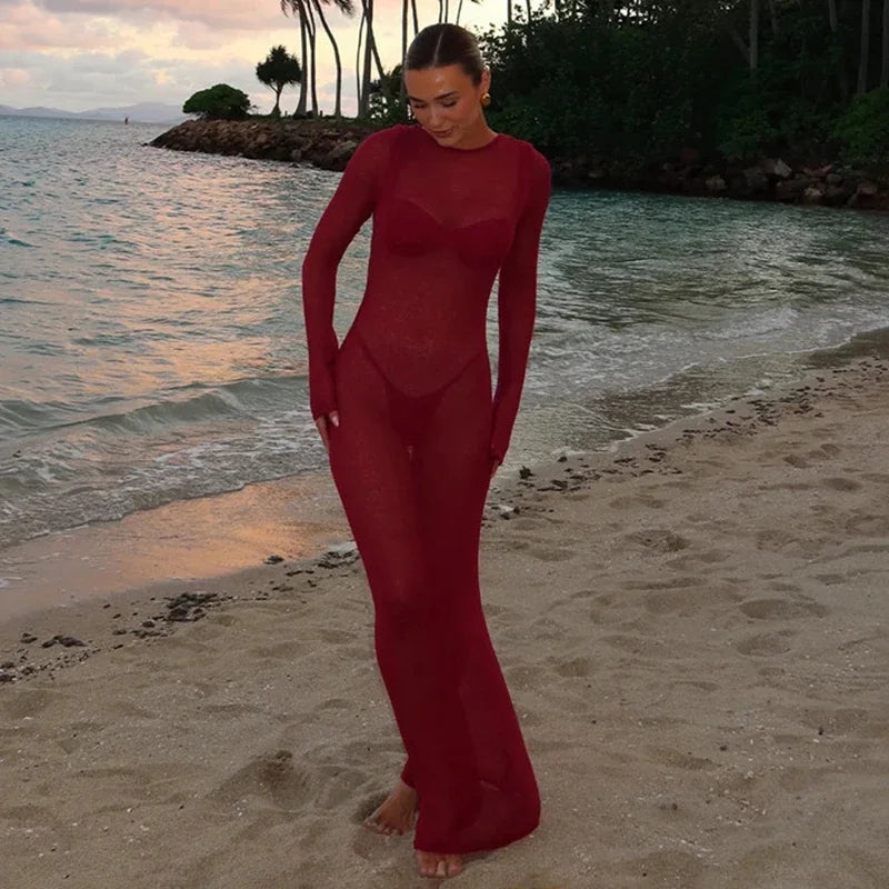 Sexy Beach Vacation Dress See Through Backless Knitted Cover Up Dress Female Two Wears Fashion Slim Knit Long Dress Lady