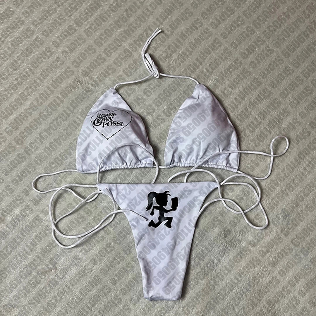 Y2k Style Letter Print Bikini Set Sexy Thong Swimsuit Two Pieces Bathing Suit Punk Gothic Fashion Women Swimwear 2000s Emo Girls
