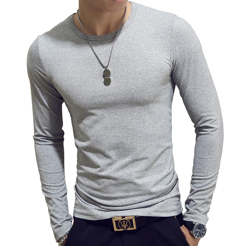 2020 Elastic Mens T-Shirt O-Neck Round Neck Long Sleeve Men T-Shirt For Male Lycra And Cotton T-Shirts Man Clothing