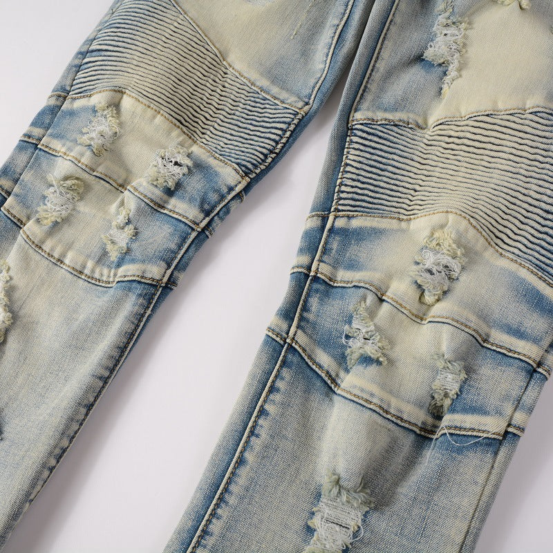 Hand Frayed Beggar Style Distressed Slim Stretch American Men's Jeans - kinko