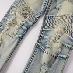 Hand Frayed Beggar Style Distressed Slim Stretch American Men's Jeans - kinko