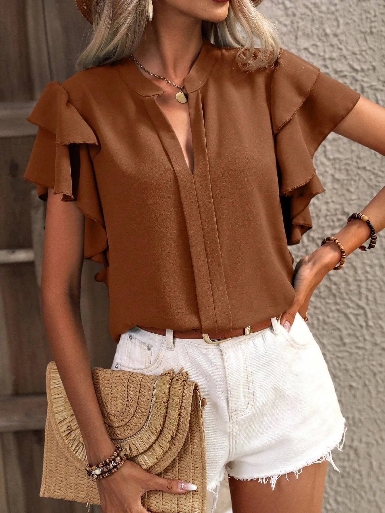 Ruffle Sleeve Notched Blouse - kinko
