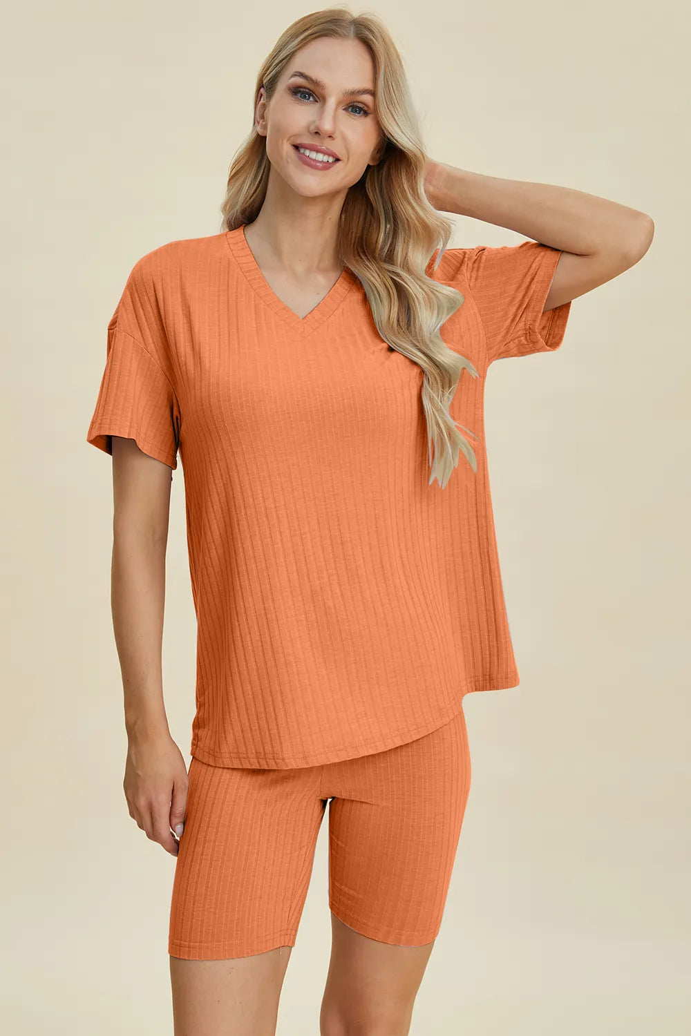 Basic Bae Full Size Ribbed V-Neck Short Sleeve Top and Shorts Set - kinko