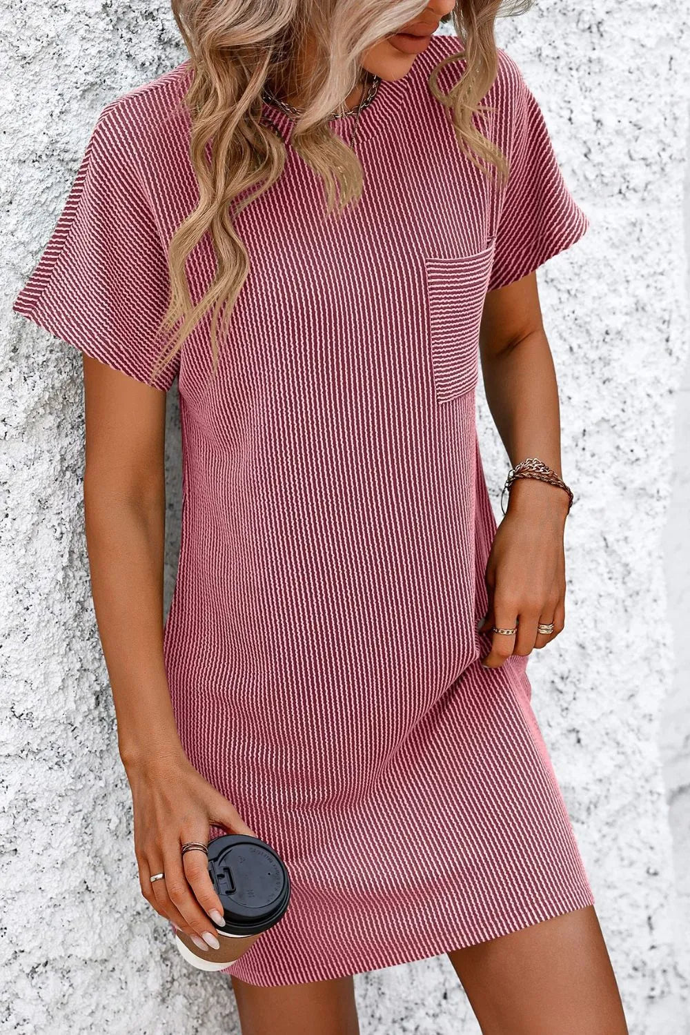 Mandy Ribbed Striped Short Sleeve Mini Tee Dress - kinko