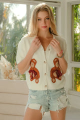 BiBi Teddy Bear With Bow Patched Sweater Button Down Top - kinko