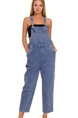 Zenana Washed Knot Strap Relaxed Fit Overalls - kinko