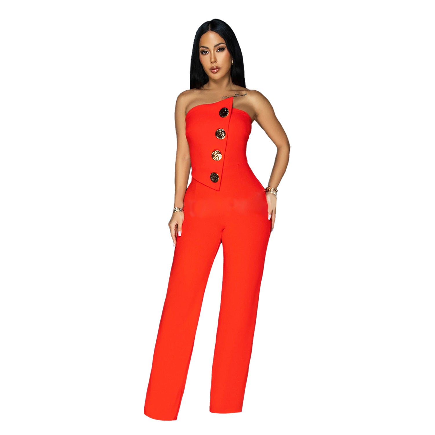European And American Fashion Women's Wear Sleeveless Button Jumpsuit Trousers - kinko