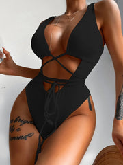 Ribbed Lace Up One-Piece Swimsuit - kinko