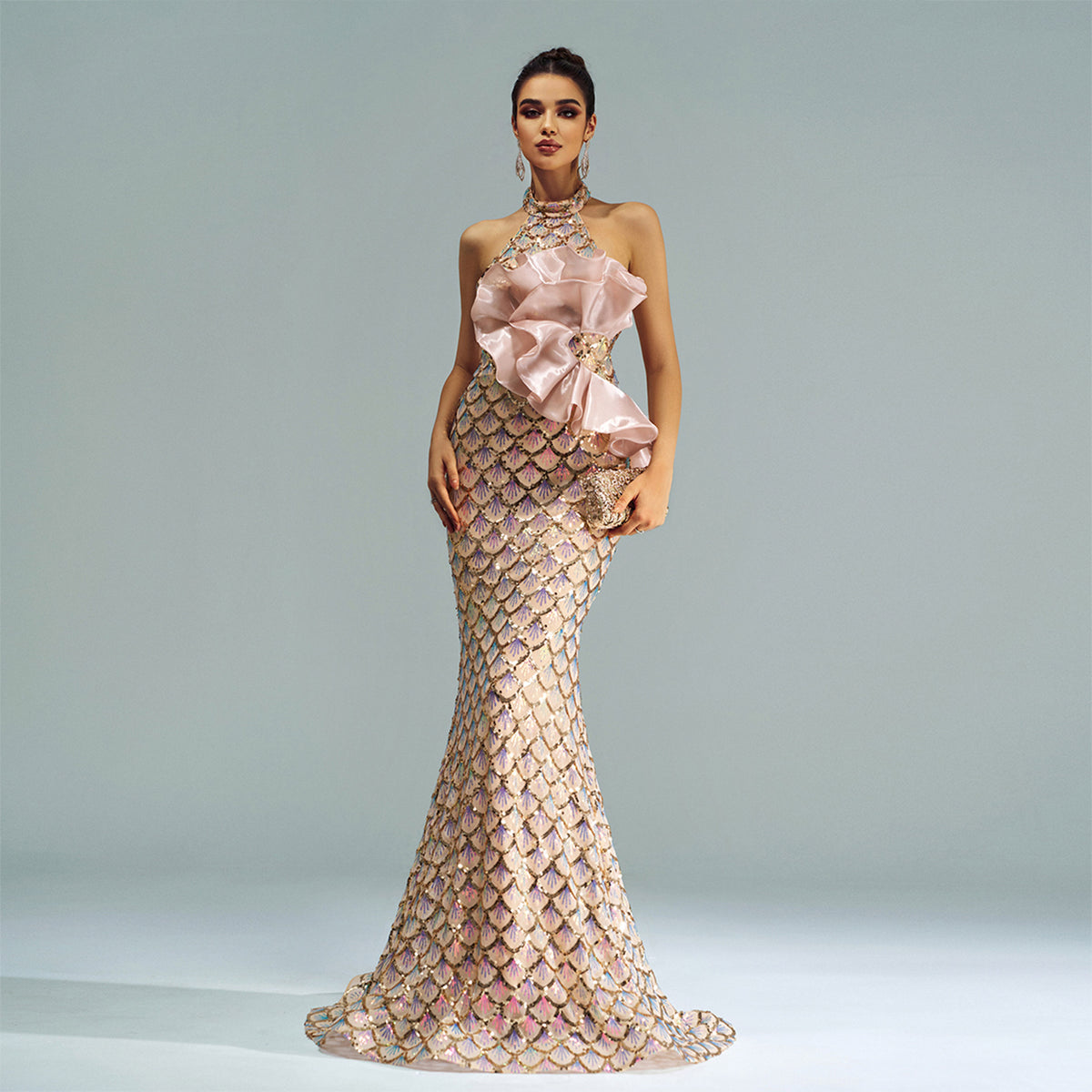 Halter Sequined Mermaid Evening Dress - kinko