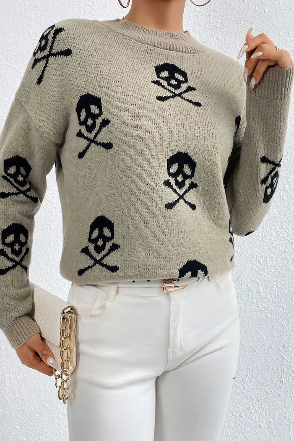 Graphic Mock Neck Dropped Shoulder Sweater - kinko