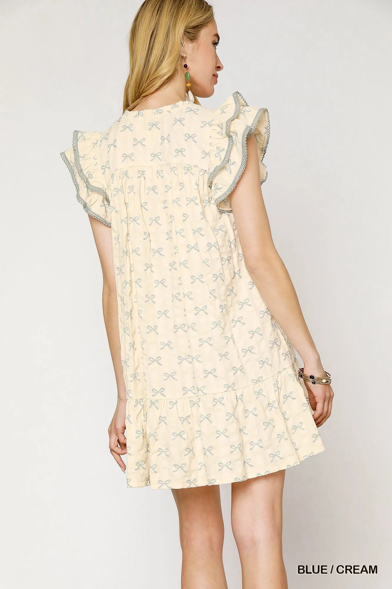 Umgee Bow Print Ruffled Cap Sleeve Mini Dress - kinko