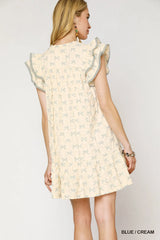 Umgee Bow Print Ruffled Cap Sleeve Mini Dress - kinko