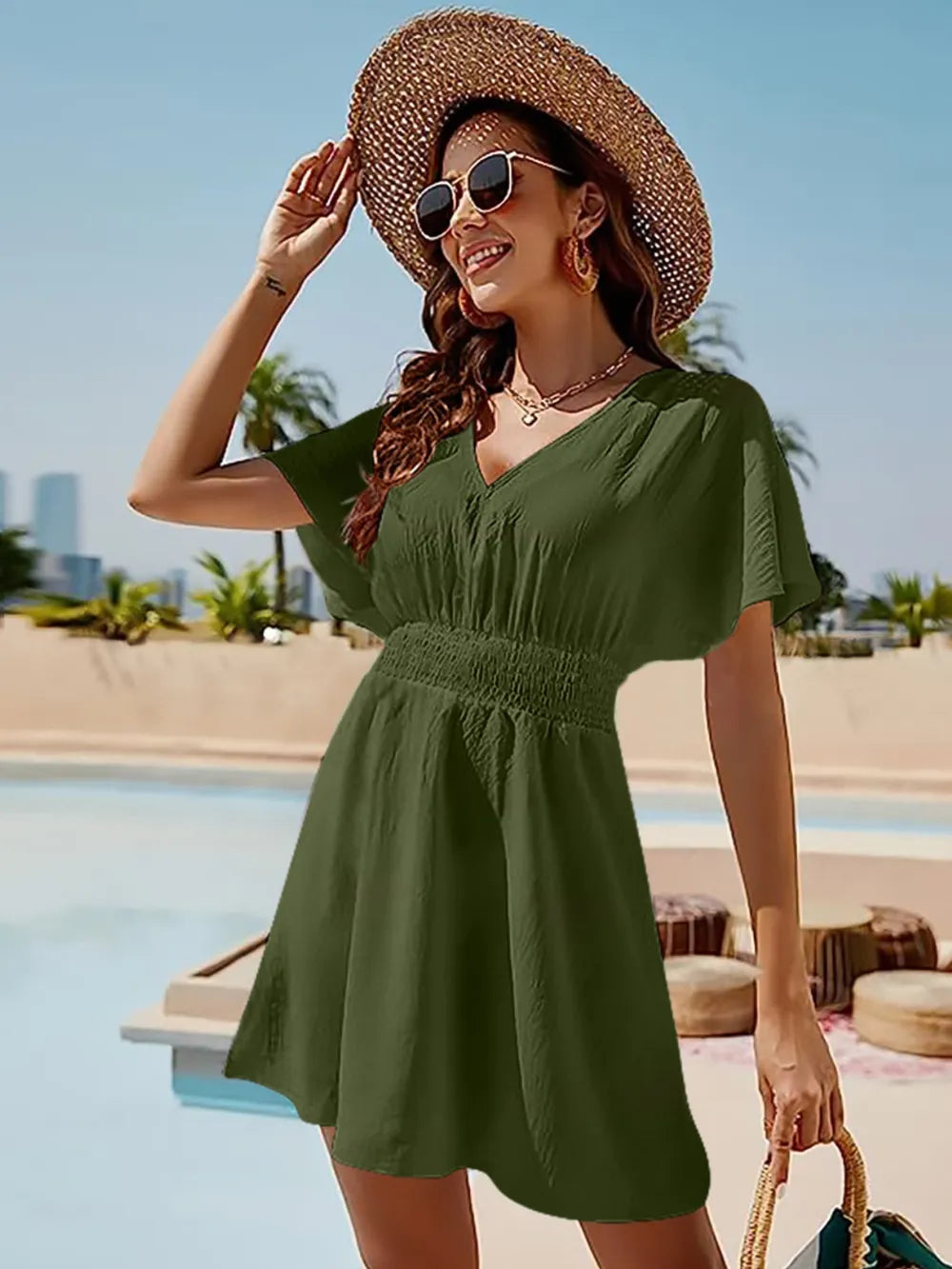 Smocked V-Neck Short Sleeve Dress - kinko