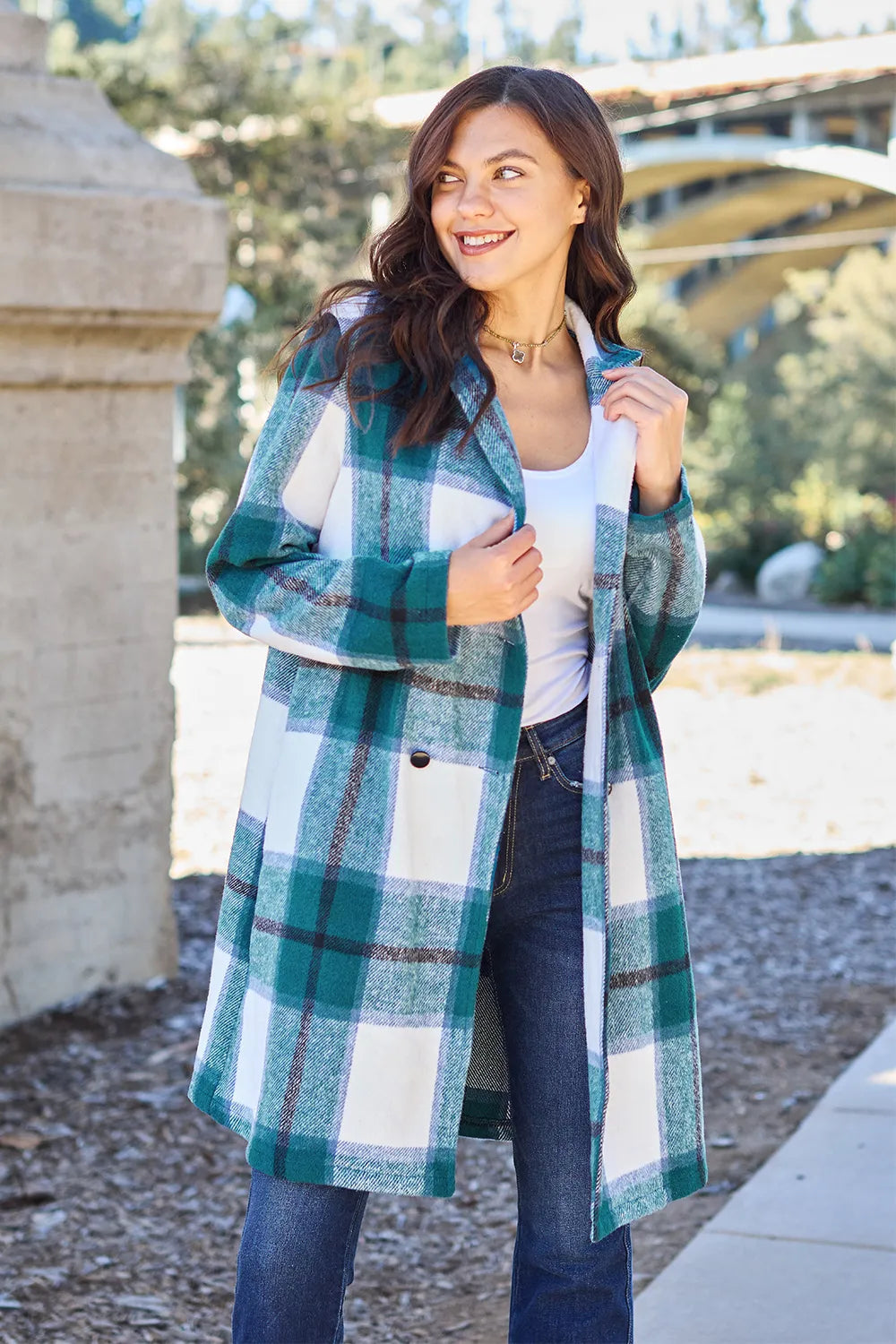 Double Take Full Size Plaid Button Up Lapel Collar Coat - kinko