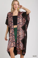 Umgee Satin Border Print Short Sleeve Open Front Kimono - kinko