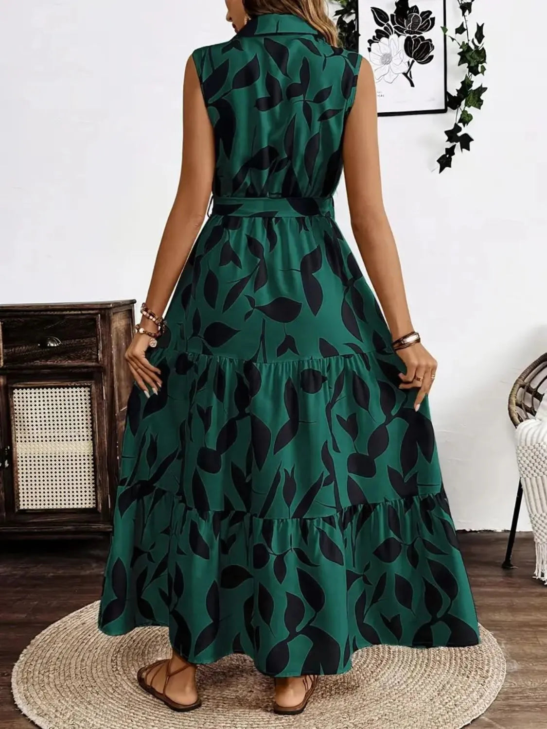 Printed Tie Waist Sleeveless Maxi Dress - kinko