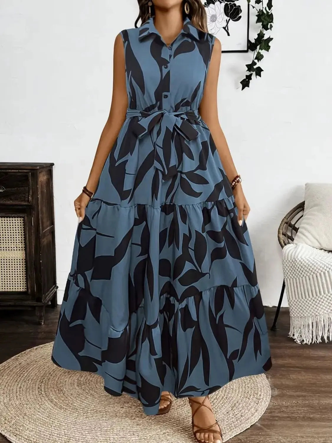 Printed Tie Waist Sleeveless Maxi Dress - kinko