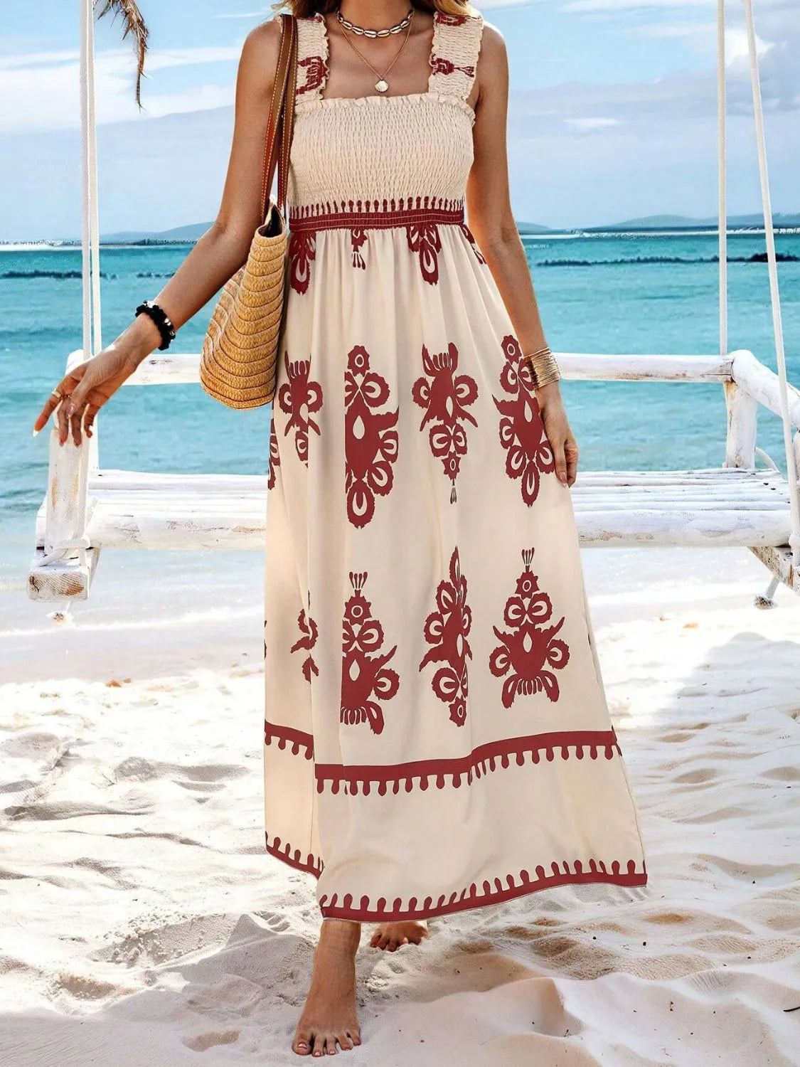 Smocked Printed Wide Strap Maxi Dress - kinko