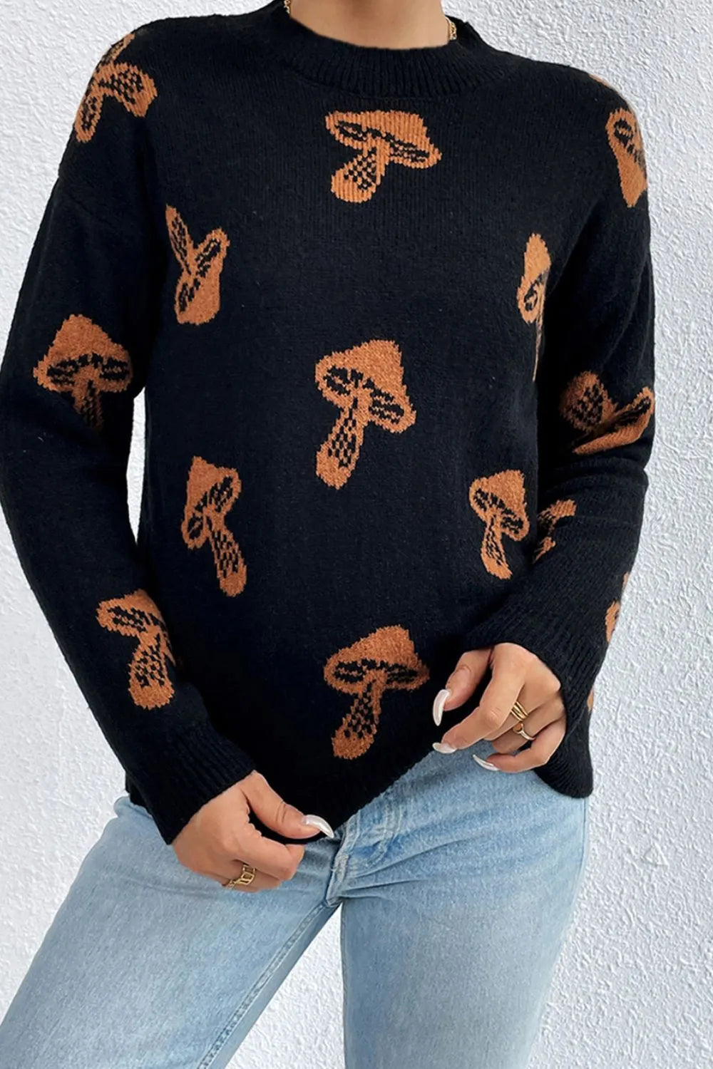 Graphic Mock Neck Dropped Shoulder Sweater - kinko