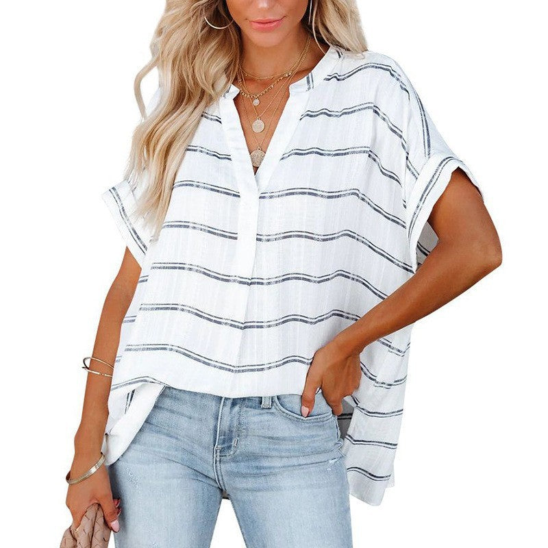 Women's Short Sleeve Thin V-neck Pullover Loose Shirt - kinko