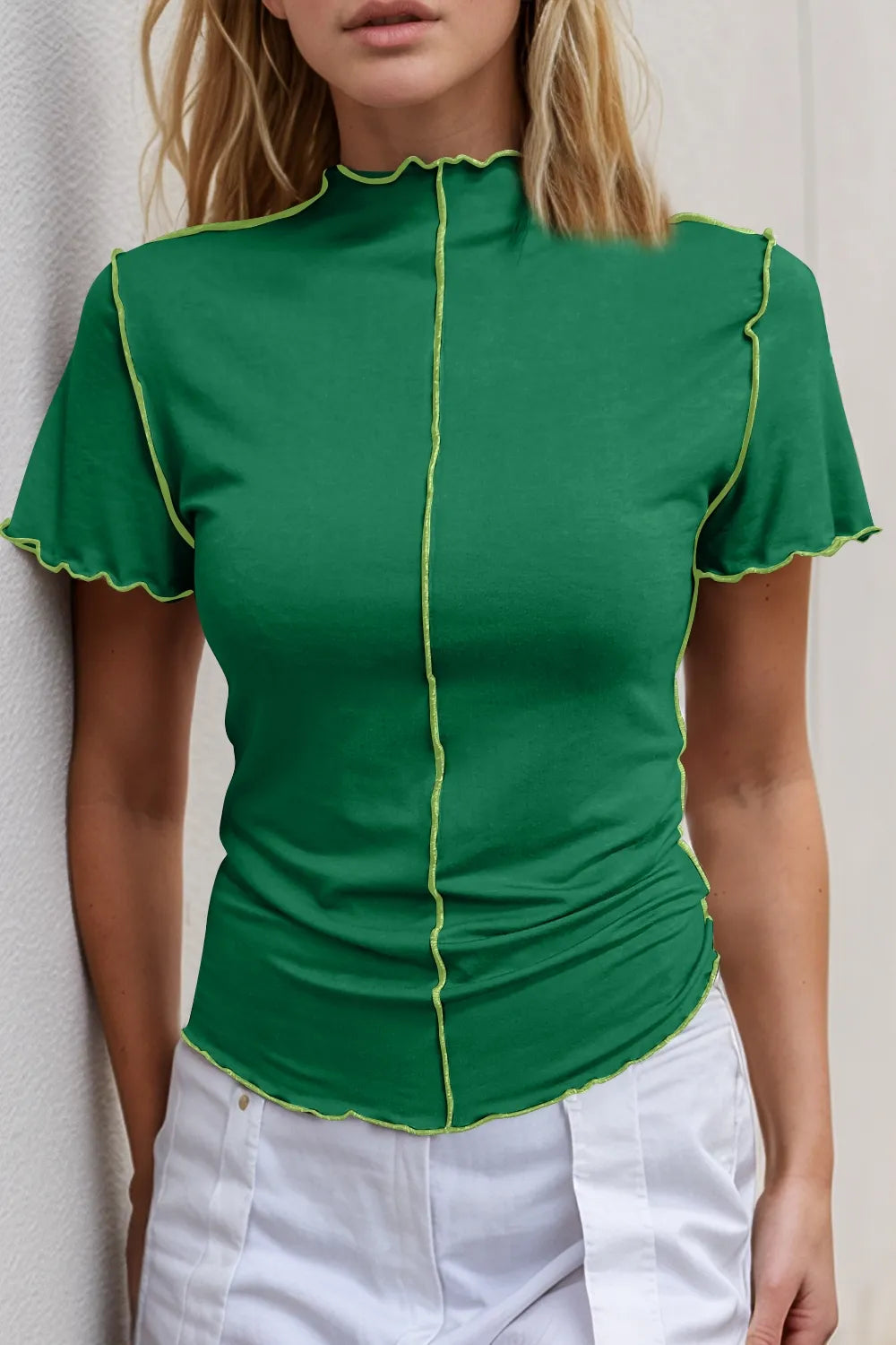 Basic Bae Contrast Trim Mock Neck Short Sleeve T-Shirt - kinko