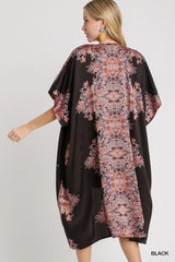 Umgee Satin Border Print Short Sleeve Open Front Kimono - kinko