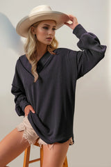 Double Take Exposed Seam Ribbed Textured V-Neck Long Sleeve T-Shirt - kinko