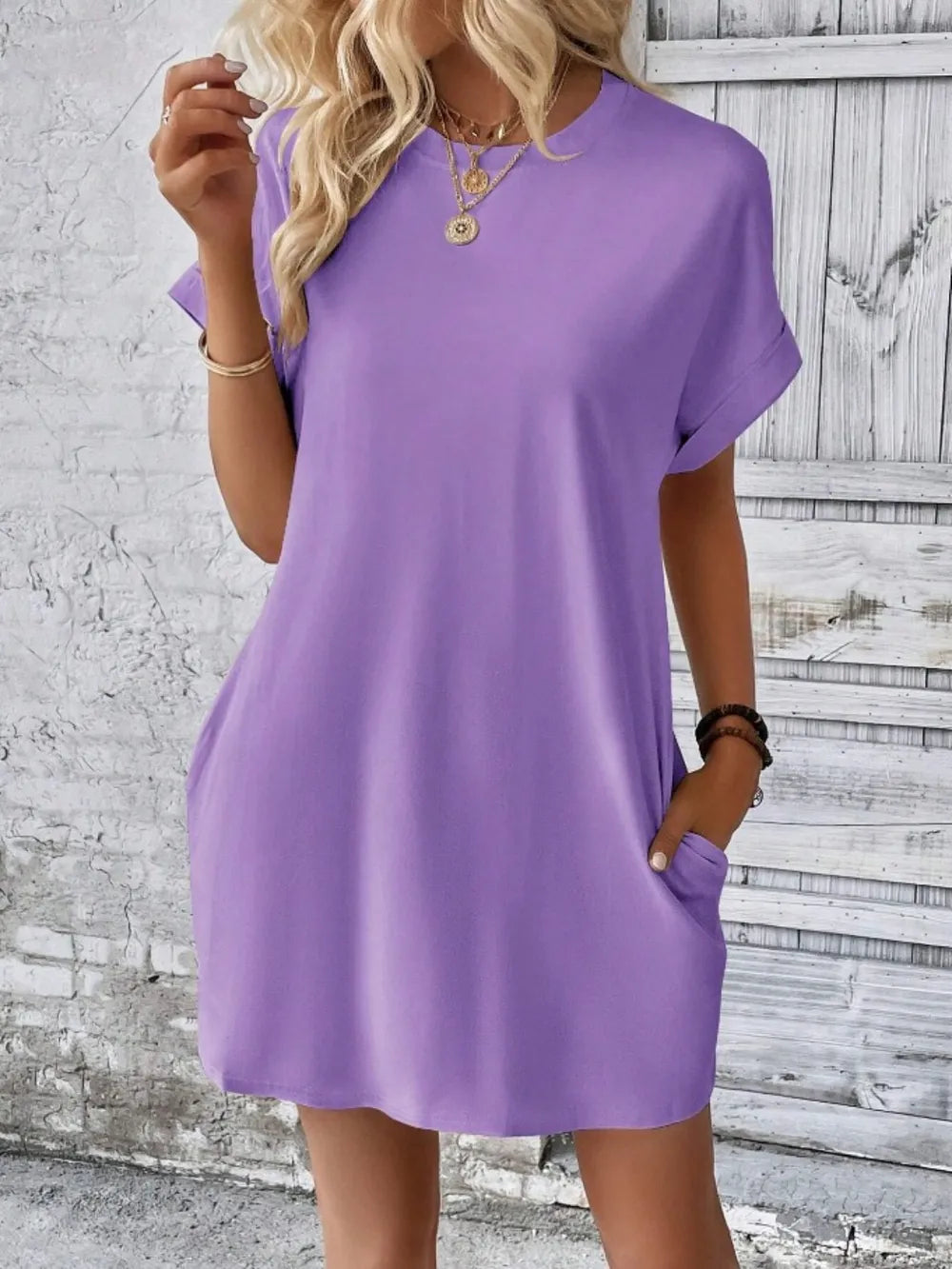 Pocketed Round Neck Short Sleeve Dress - kinko