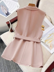 Tie Waist Lapel Collar Sleeveless Blazer - kinko