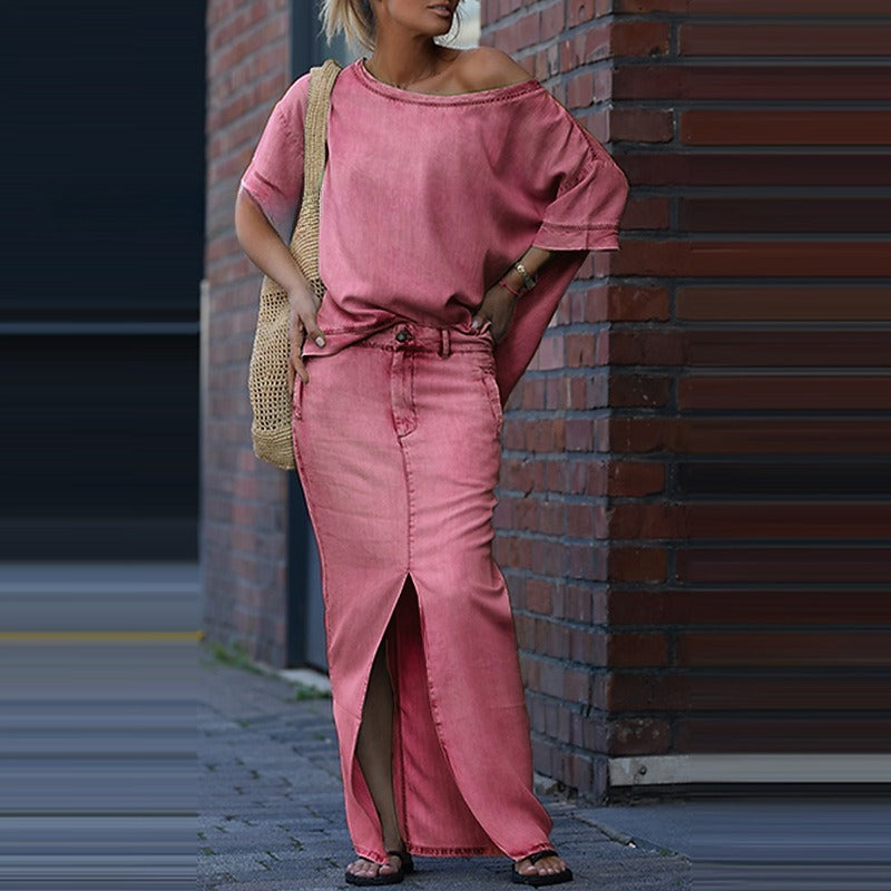 European And American Women's Fashion Tops Slit Skirt Two-piece Skirt Suit - kinko