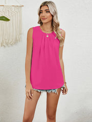 Round Neck Sleeveless Top with Pleated Front Detail - kinko