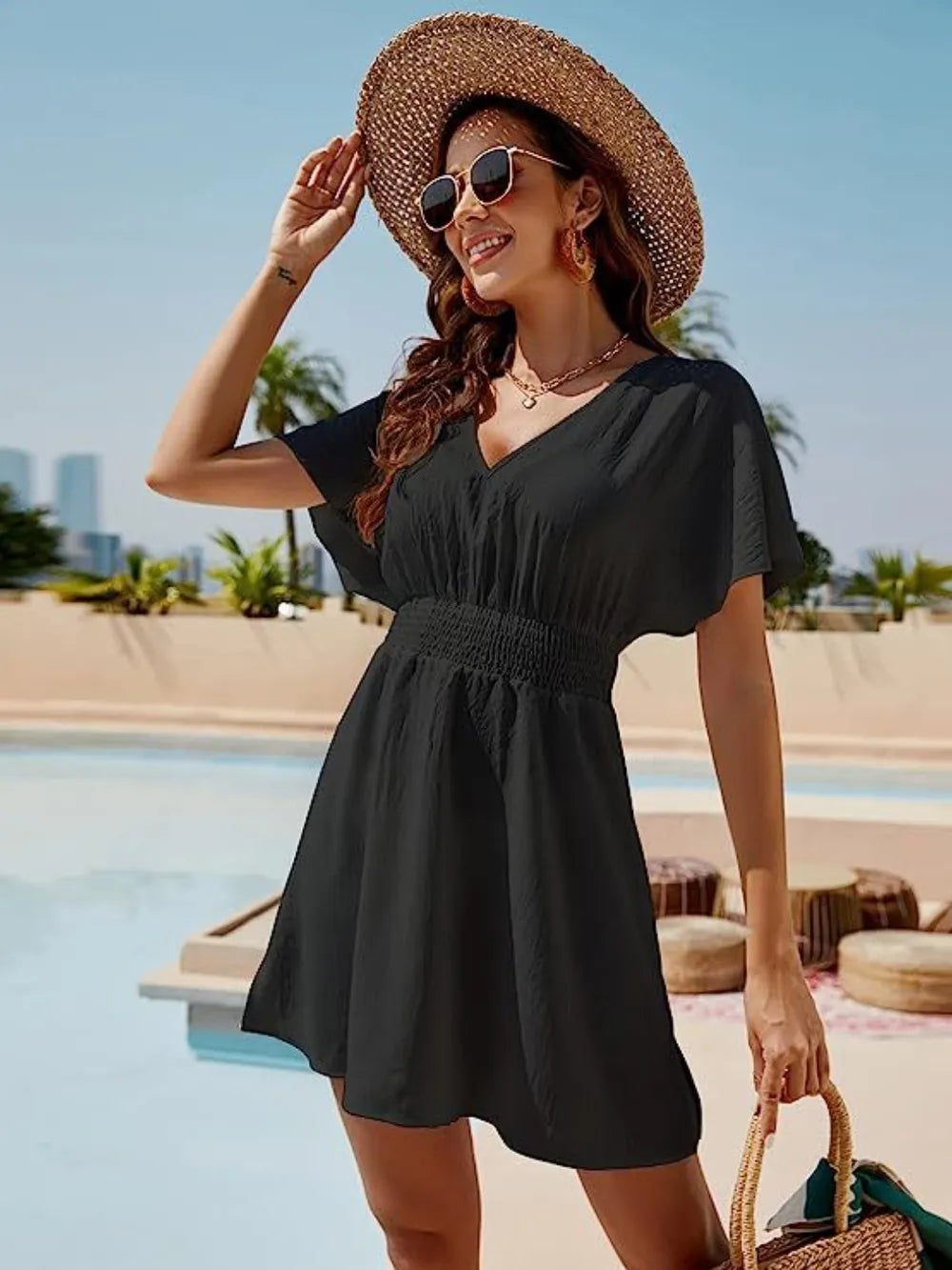 Smocked V-Neck Short Sleeve Dress - kinko