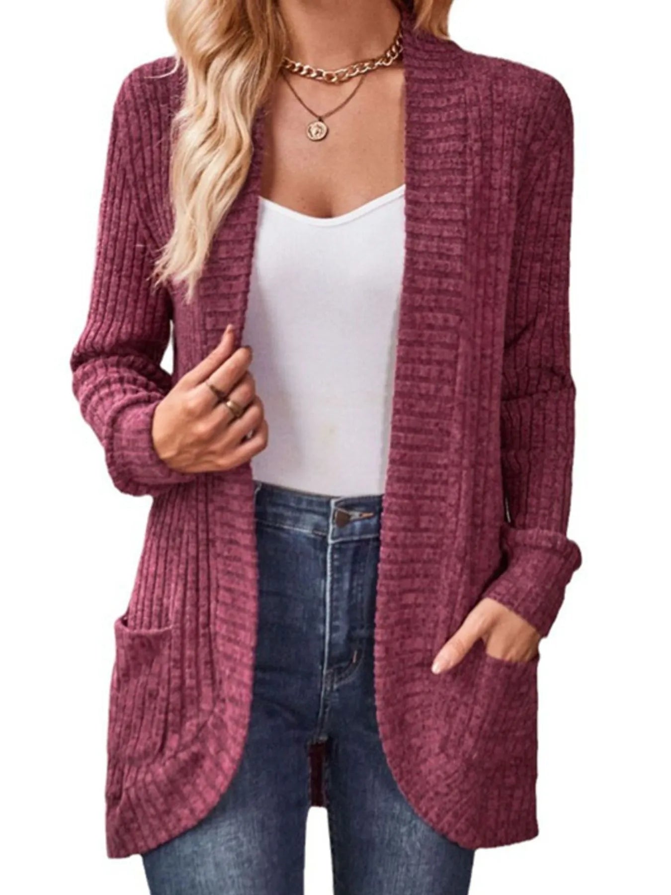 Ribbed Knit Open Front Cardigan with Pockets - kinko