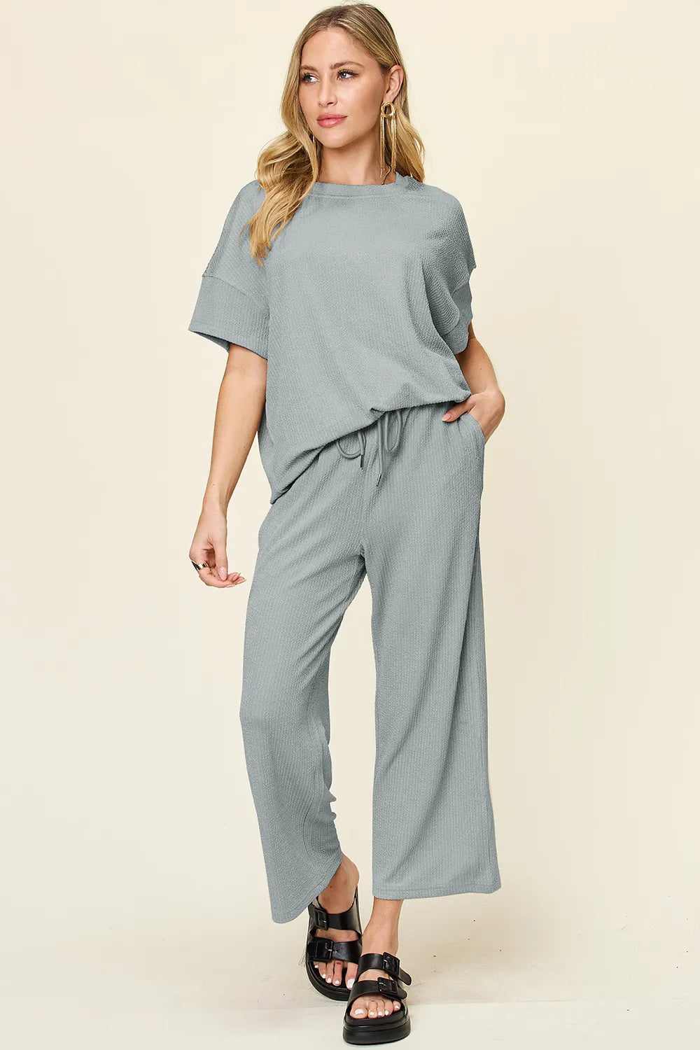 Double Take Full Size Texture Round Neck Short Sleeve T-Shirt and Wide Leg Pants - kinko