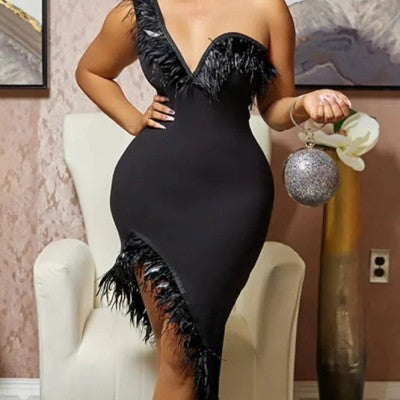 V-neck Sleeveless Chest Feather Irregular Midi Dress - kinko