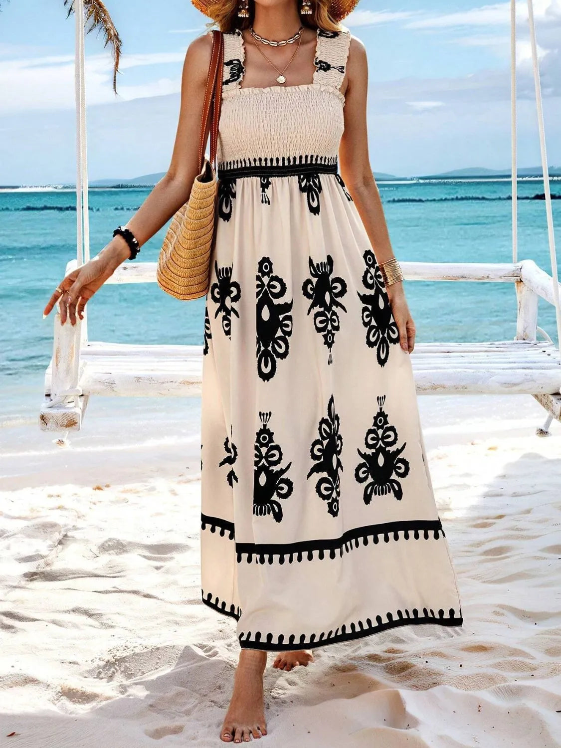 Smocked Printed Wide Strap Maxi Dress - kinko