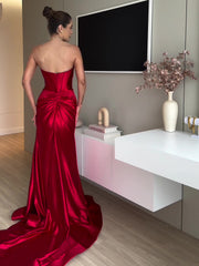 Tube Top Slit Red Extra Long Evening Dress - kinko