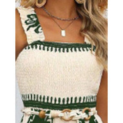 Women's Summer Boho Jumpsuits One Piece Beach Vacation Outfits Shirred Strap Wide Leg Pants Rompers With Pockets - kinko