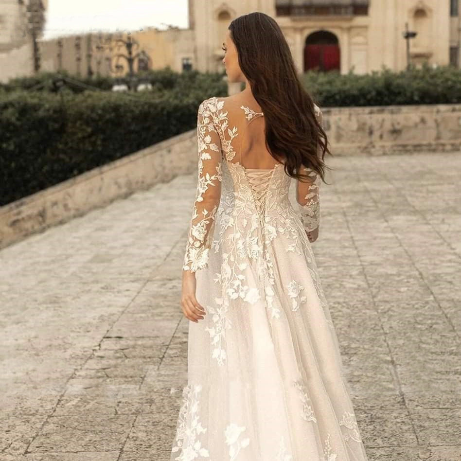 Long Sleeve Wedding Dress Mori Style Bridal Simple Round Neck - kinko